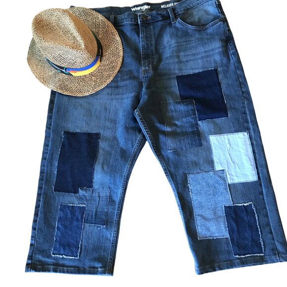 Men’s Patchwork Jeans Shorts, Size 40-30: Upcycled Distressed Denim on Denim - Picture 6 of 11